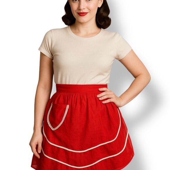 Vintage 1950s Red Sheer Half Apron White Lace Trim Tie Back Retro Housewife - Picture 13 of 13